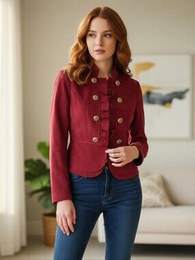 NWOT Kate Rosy Red‑Orange Military‑Style Velvety Textured Jacket – Size PS